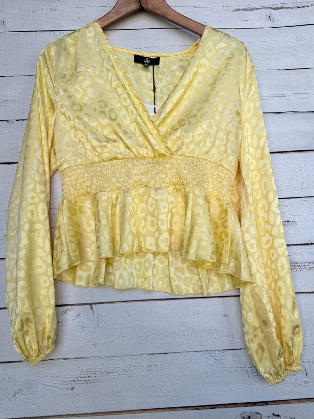 NWT Missguided Animal Jacquard Shirred Waist V-Neck Long Sleeve Peplum Top 6